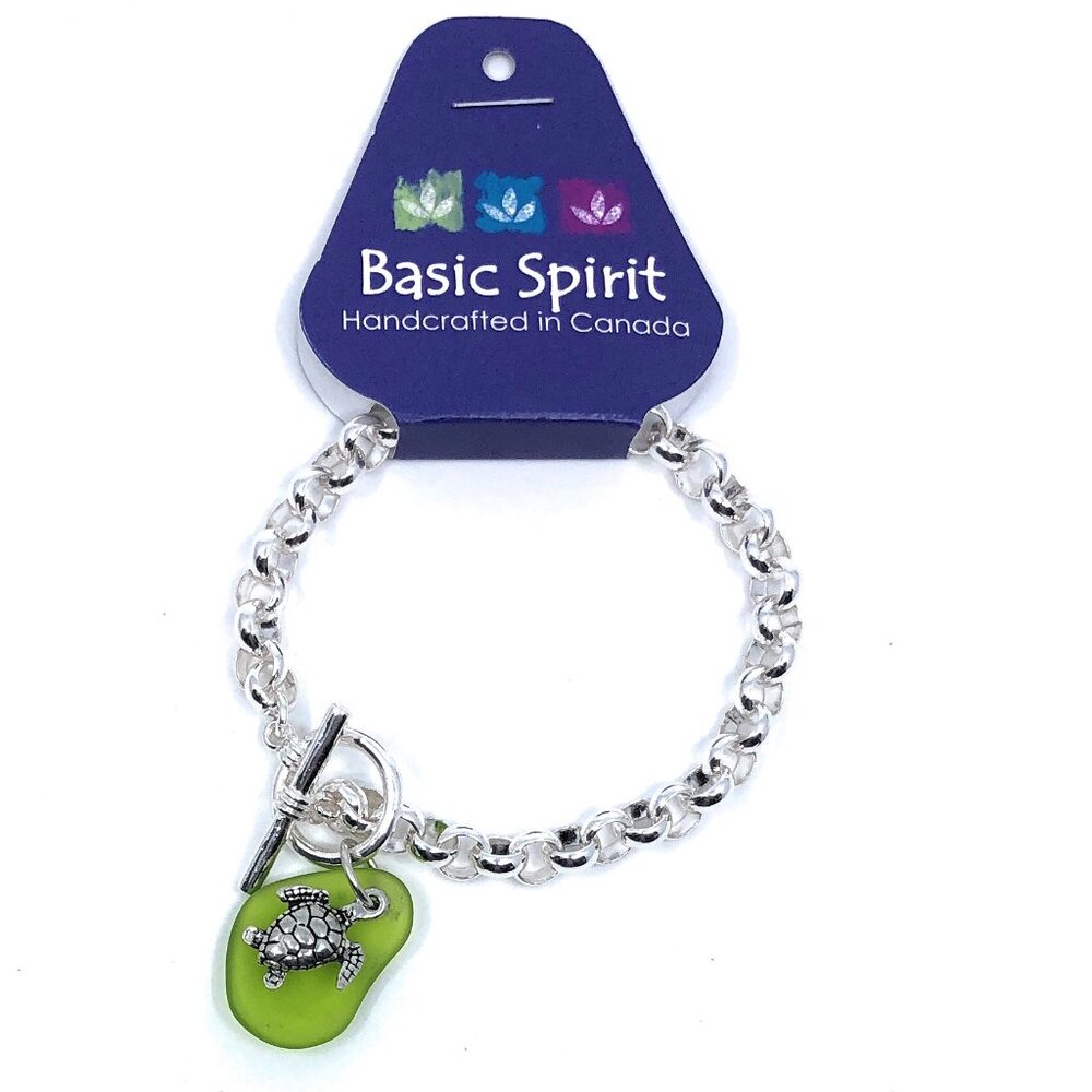 NEW Handmade Pewter Sea Turtle Charm Bracelet Green Sea Glass Ocean Jewelry Gift